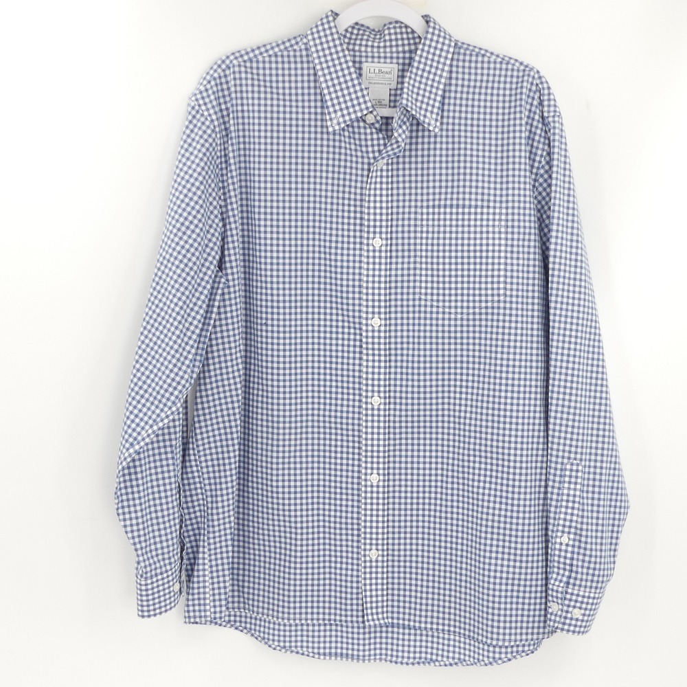 L.L. Bean Mens Large Traditional Fit Long Sleeve Button‎ Down Shirt Blue Gingham